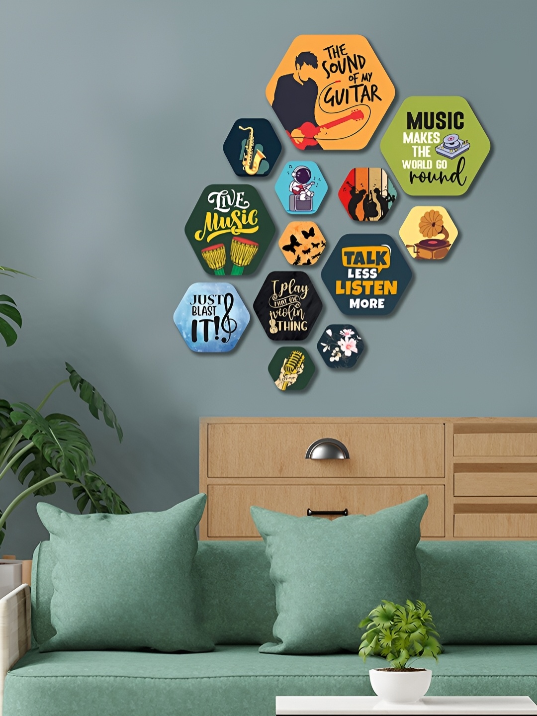 

ArtVibes Green & Yellow 13 Pieces Wooden Printed Wall Hangings