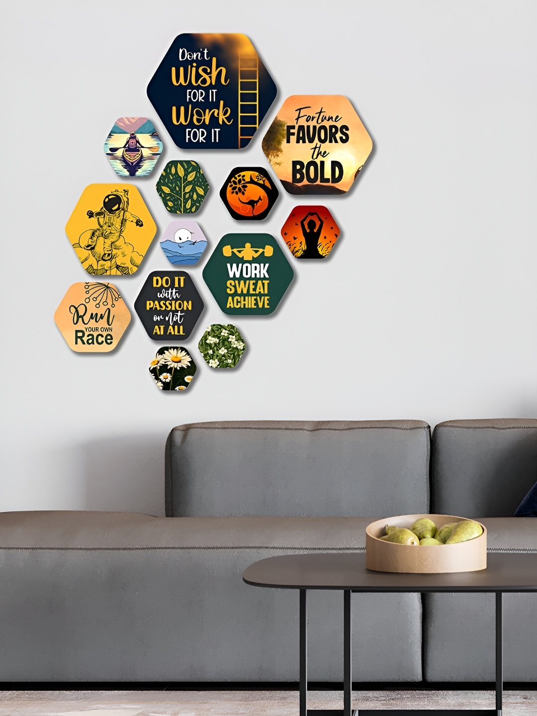 

ArtVibes Black & Yellow 13 Pcs Wooden Printed Wall Hangings