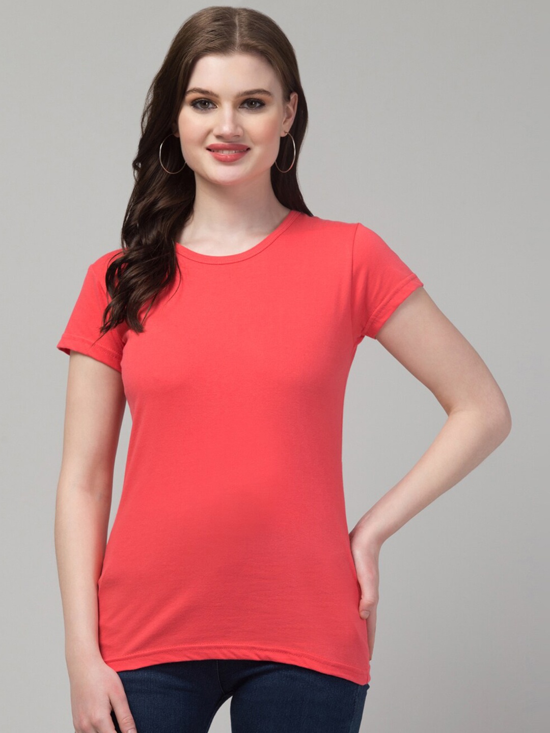 

Trend Level Round Neck Pure Cotton Casual T-shirt, Peach