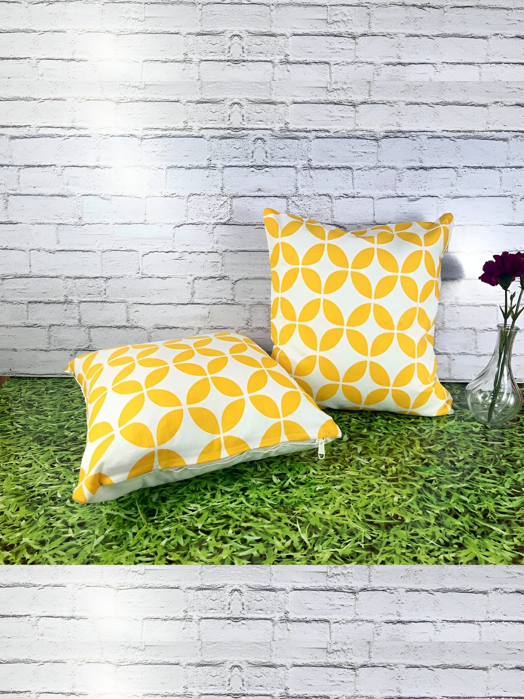 

Pink Parrot Yellow & White 2 Pieces Geometric Printed Square Cushion Covers
