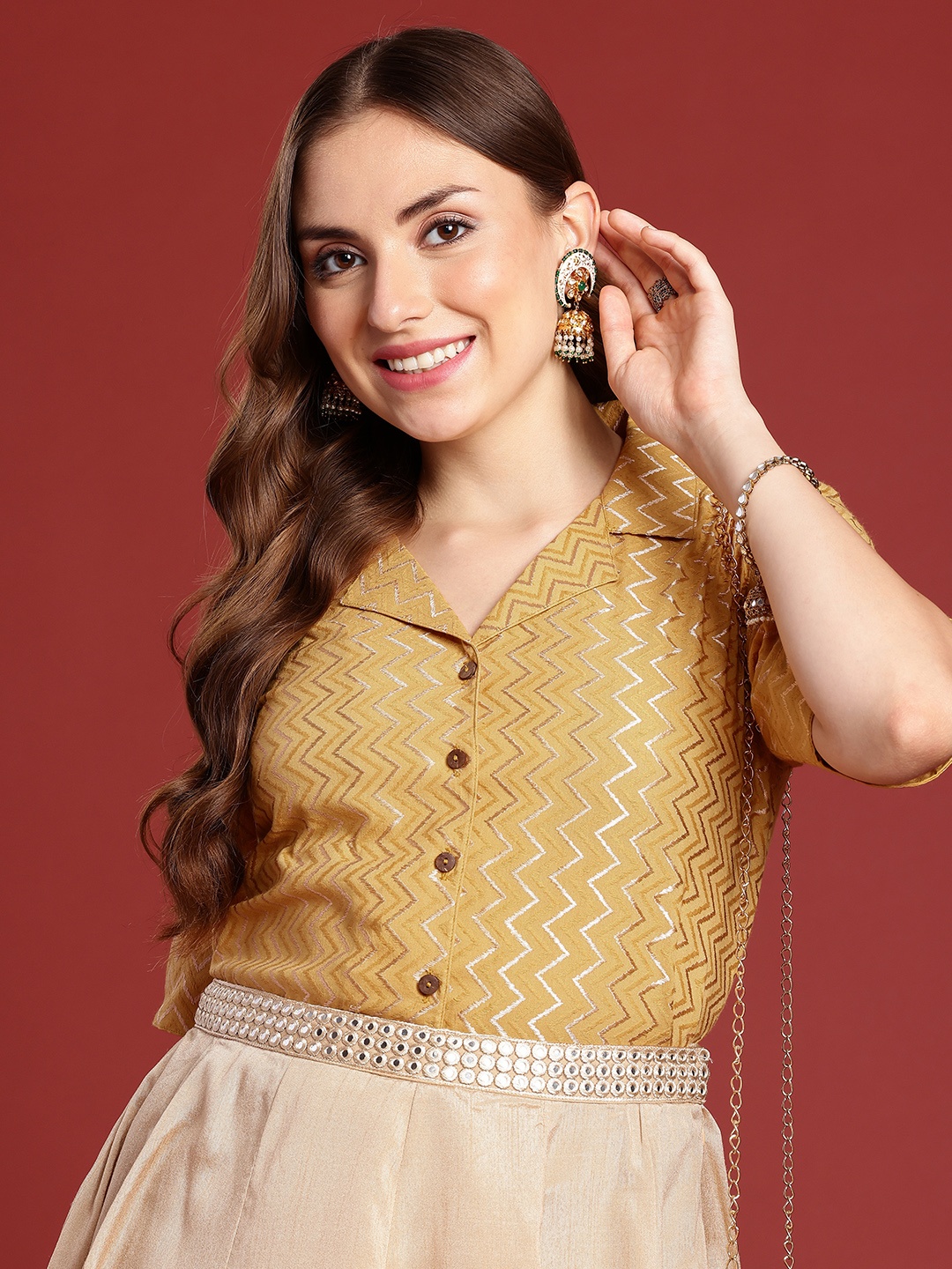 

Anouk Geometric Embroidered Cotton Shirt Style Top, Mustard