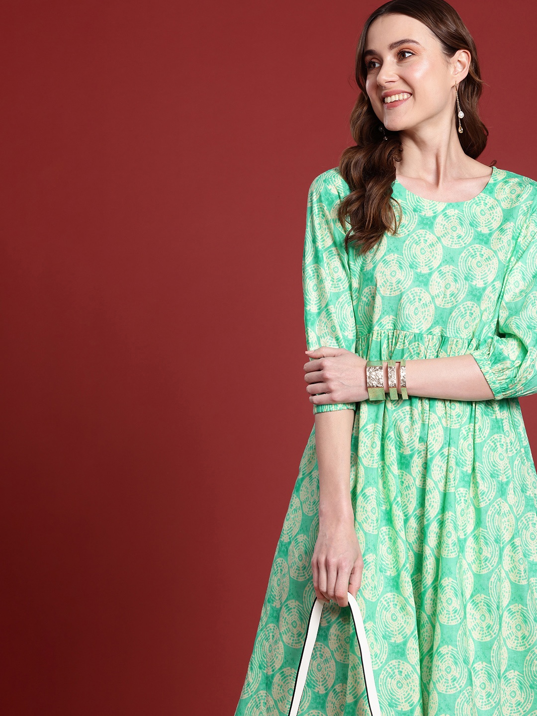 

Anouk Abstract Printed Puff Sleeve A-Line Dress, Green