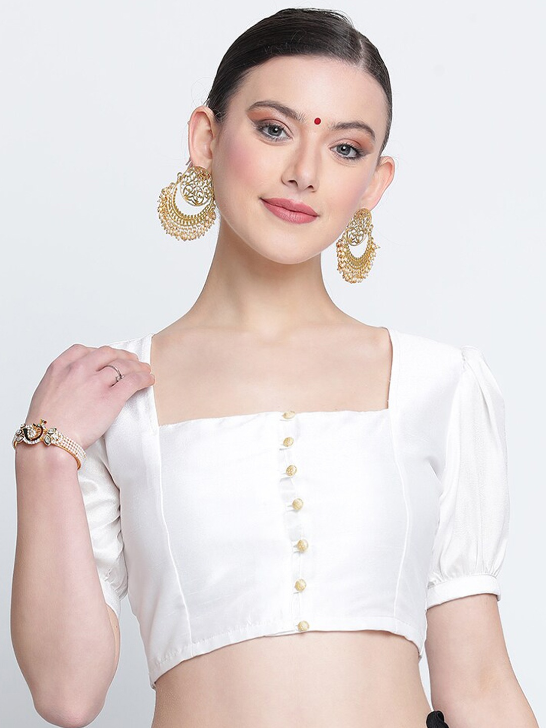 

studio rasa Square Neck Puff Sleeve Sheen Crop Top, White