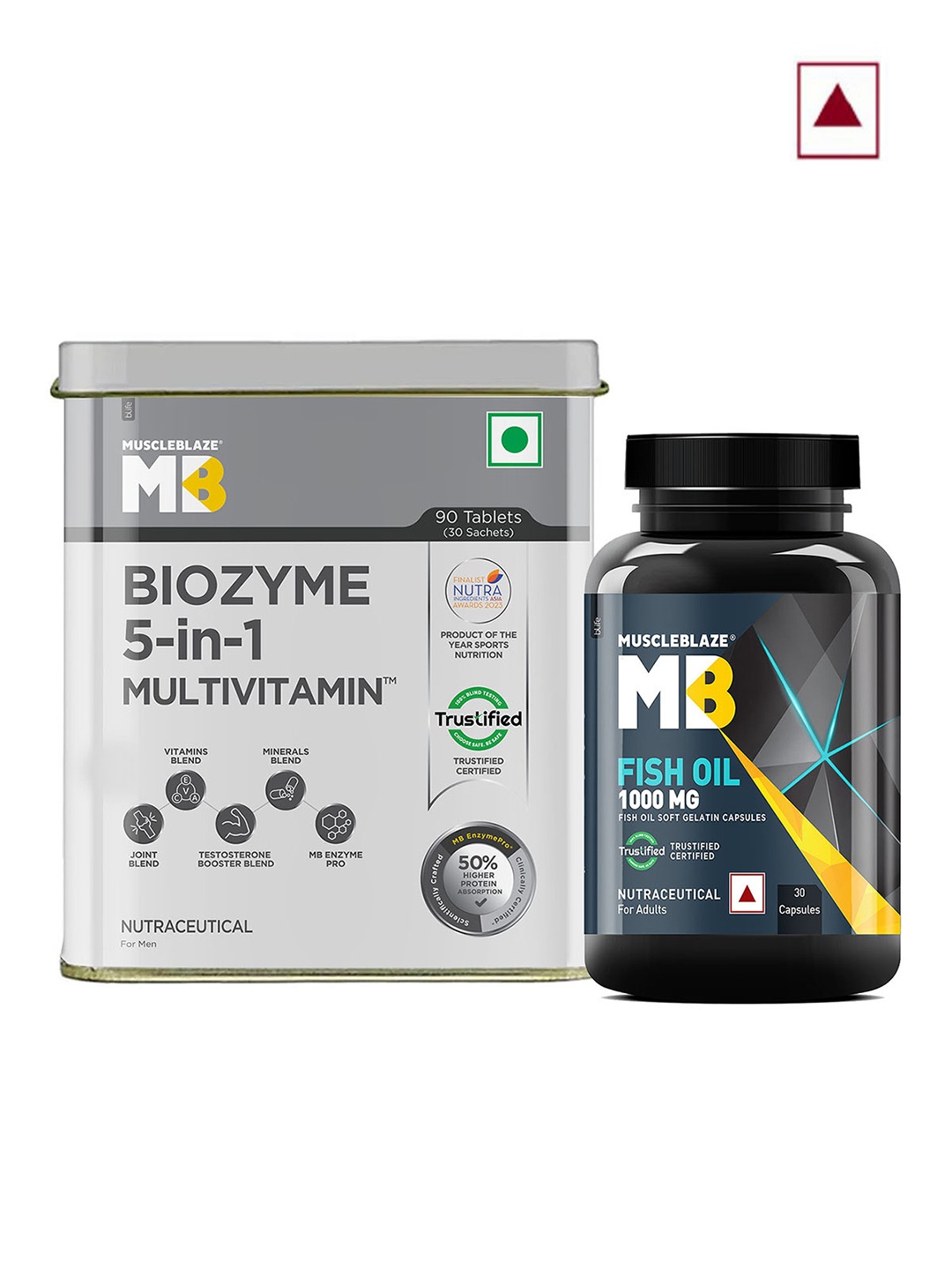 

MuscleBlaze Set of Biozyme Multivitamin Tablets - 90N & Fish Oil Capsules - 30N, Grey