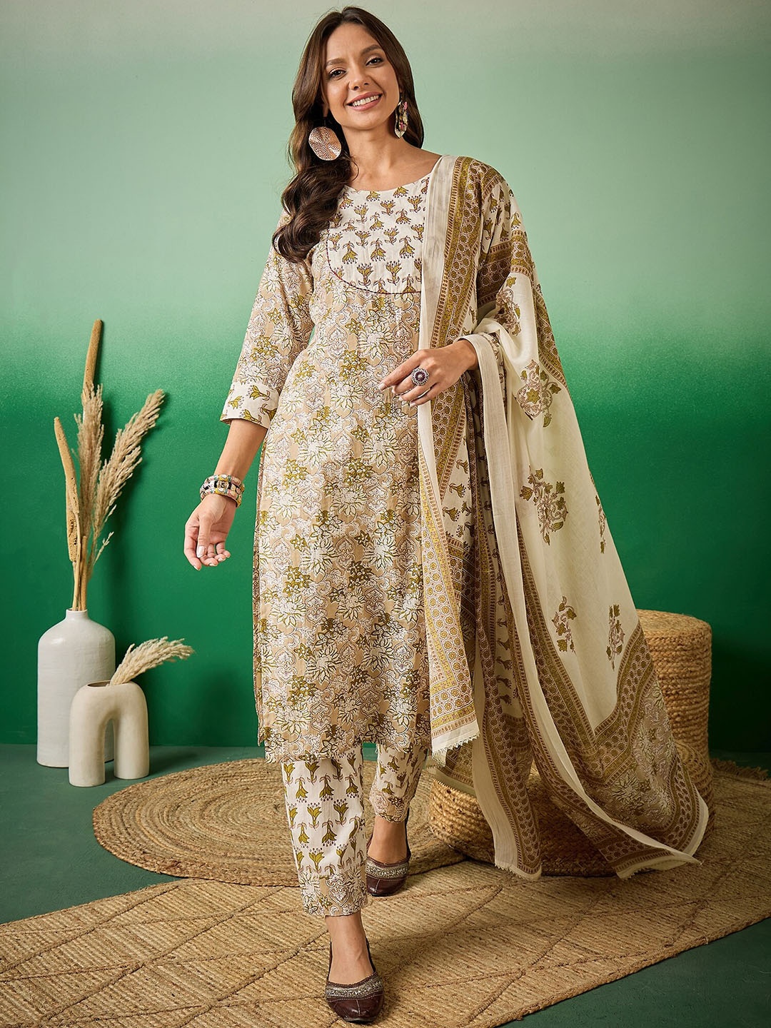 

Sangria Floral Printed Pure Cotton Round Neck Kurta with Trouser & Dupatta, Brown
