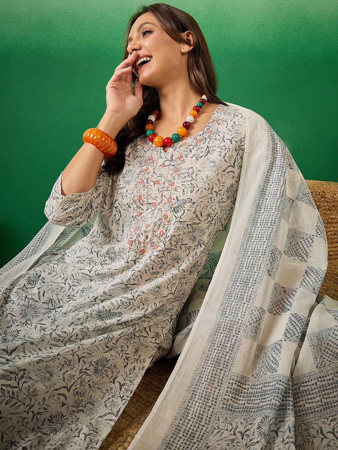 

Sangria Floral Printed Thread Work Pure Cotton Kurta with Trouser & Dupatta, White