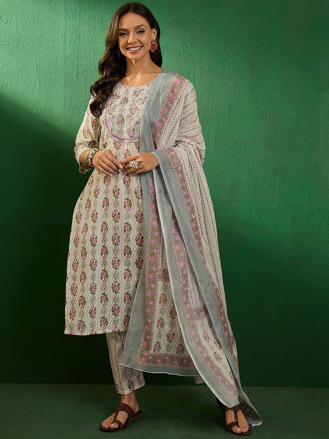 

Sangria Floral Printed Mirror Work Pure Cotton Kurta with Trouser & Dupatta, White