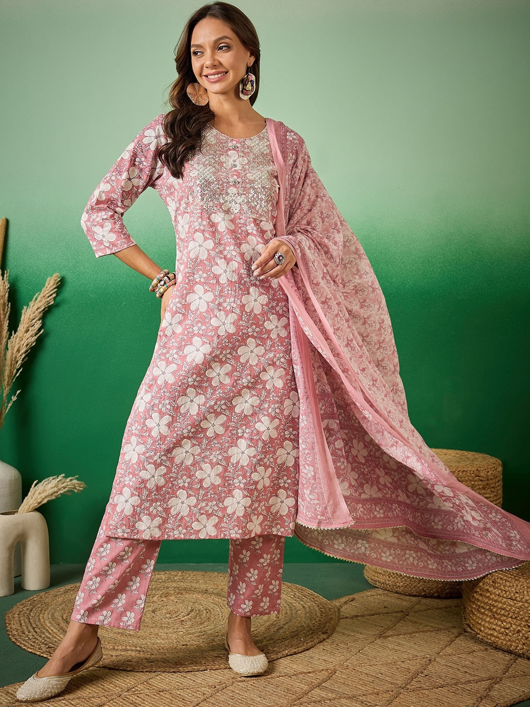 

Sangria Floral Printed Sequined Pure Cotton Round Neck Kurta with Trouser & Dupatta, Pink