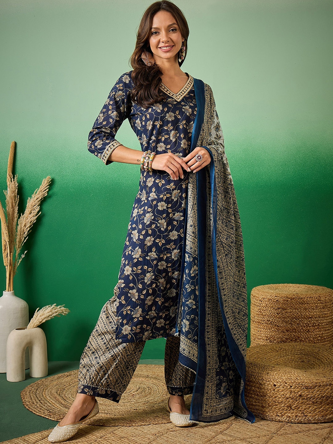 

Sangria Floral Printed Mirror Work Pure Cotton Round Neck Kurta with Trouser & Dupatta, Navy blue