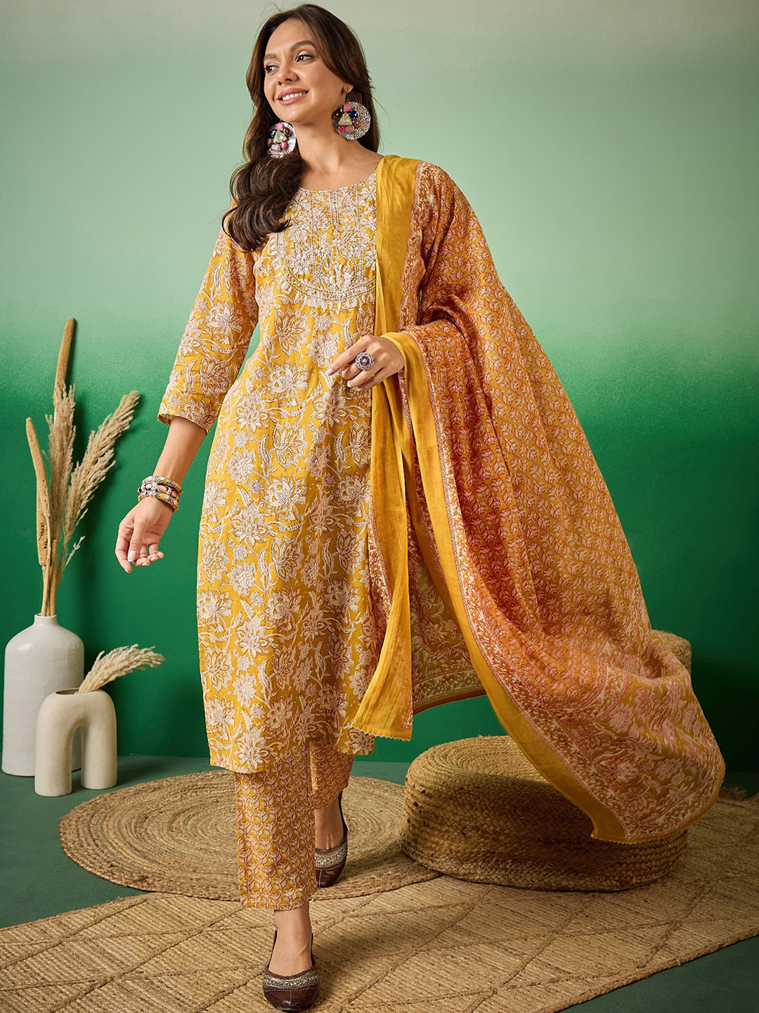 

Sangria Floral Printed Thread Work Sequined Kurta With Trouser & Dupatta, Mustard