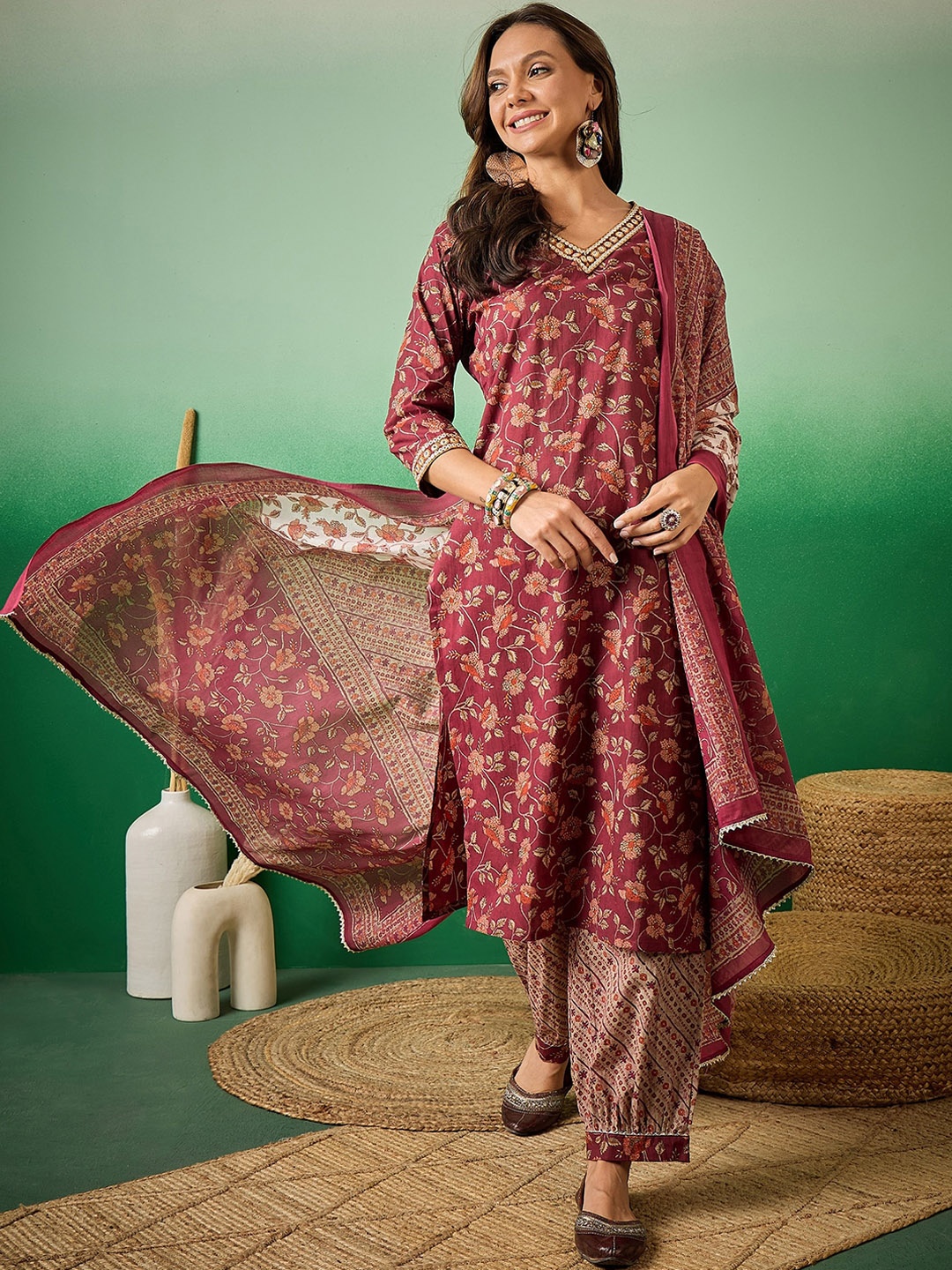 

Sangria Floral Printed Mirror Work V-Neck Pure Cotton Kurta with Trouser & Dupatta, Maroon