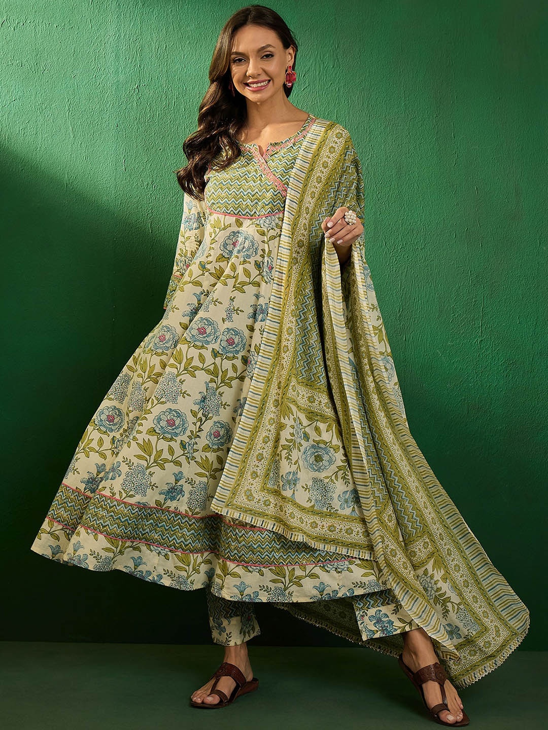 

Sangria Floral Printed Angrakha Pure Cotton Anarkali Kurta with Trouser & Dupatta, Green