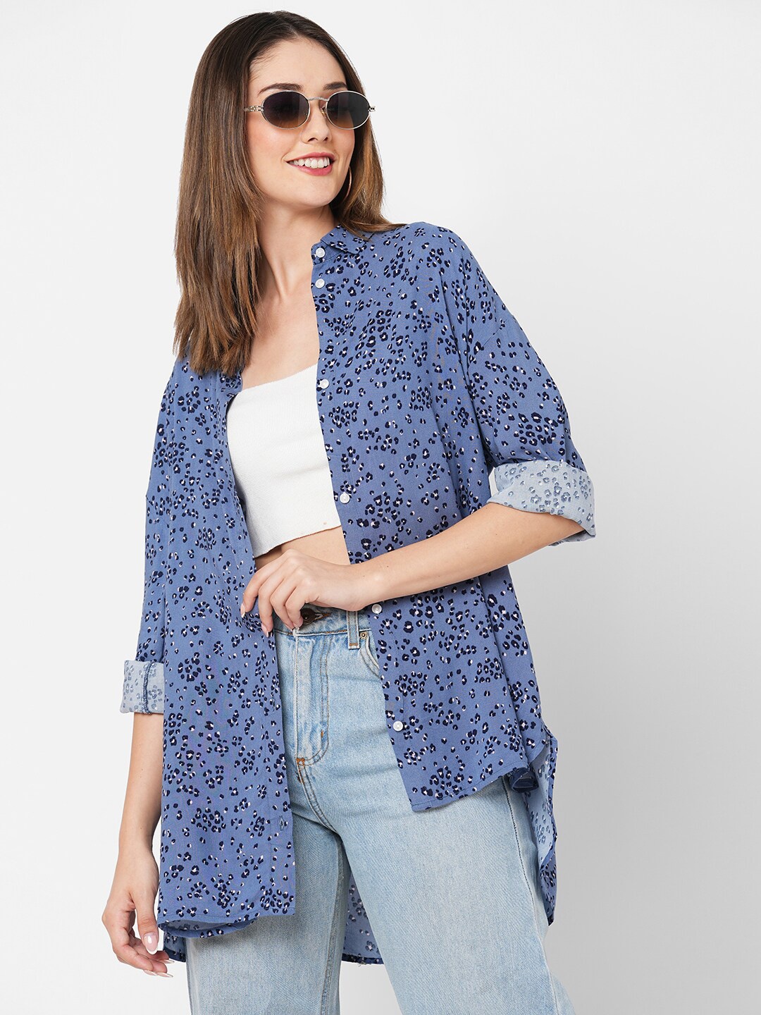 

VASTRADO Classic Oversized Abstract Printed Longline Casual Shirt, Blue