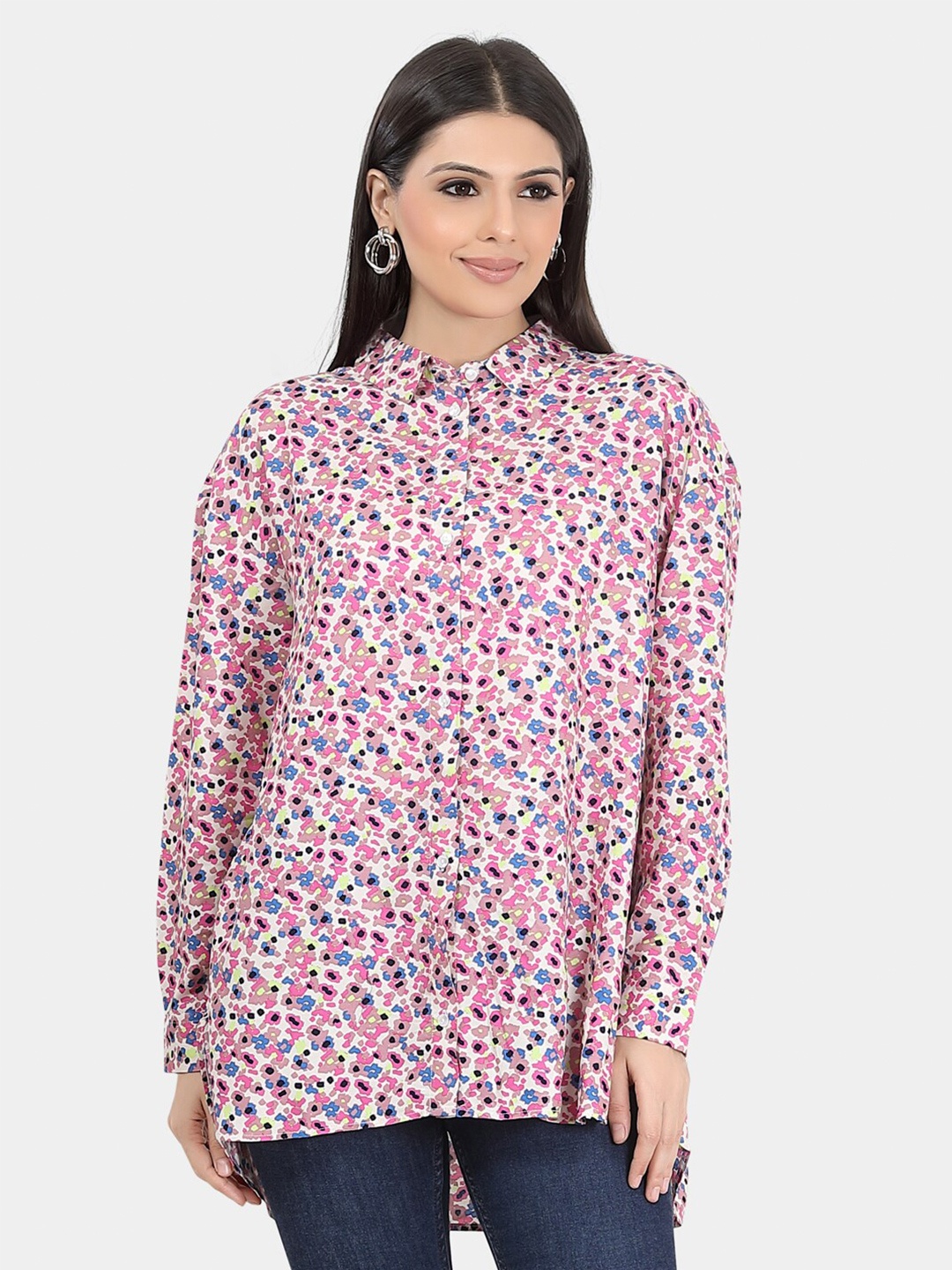 

VASTRADO Classic Oversized Geometric Printed Spread Collar Casual Shirt, Pink