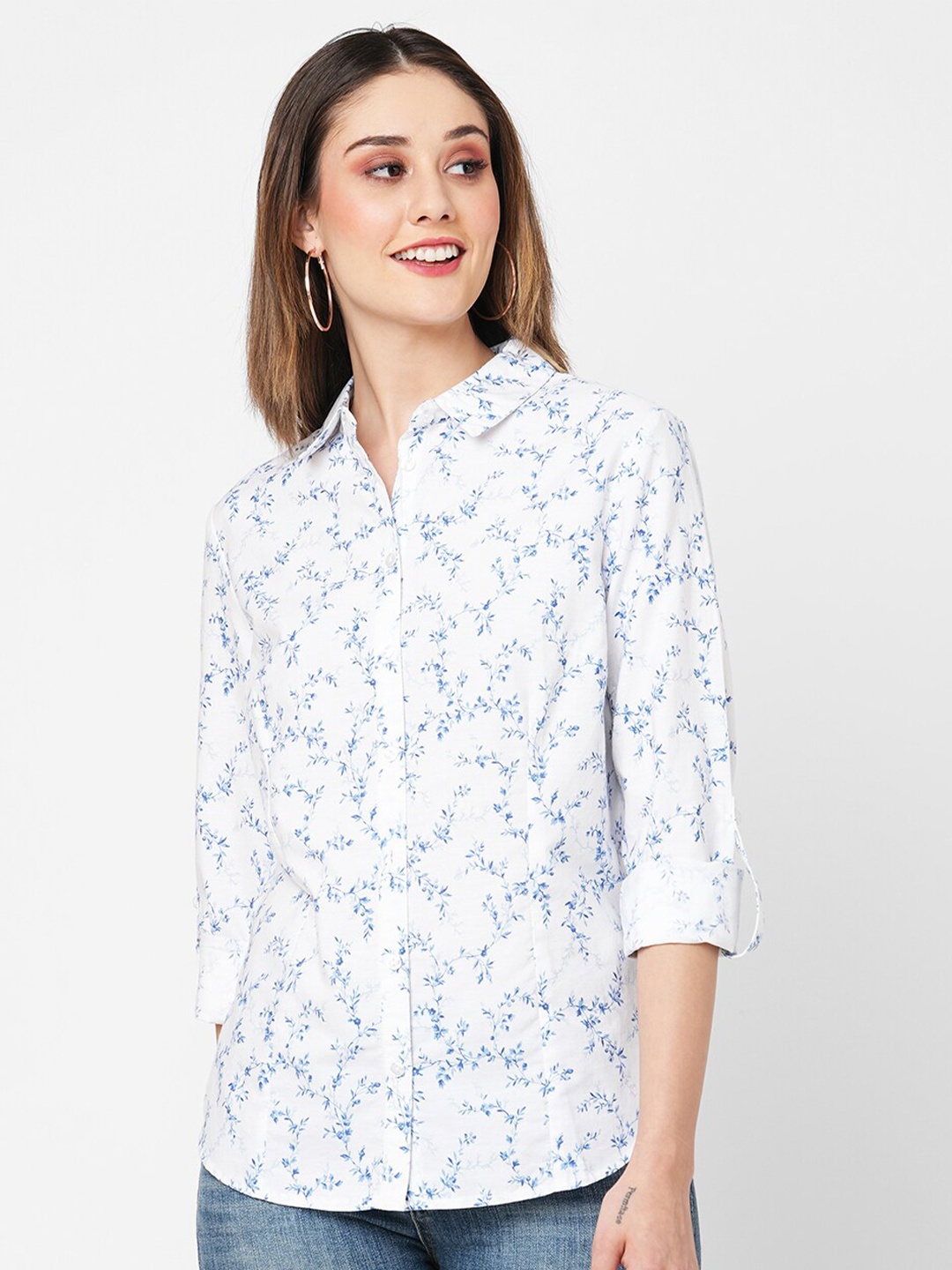

VASTRADO Classic Floral Printed Roll-Up Sleeves Cotton Casual Shirt, White