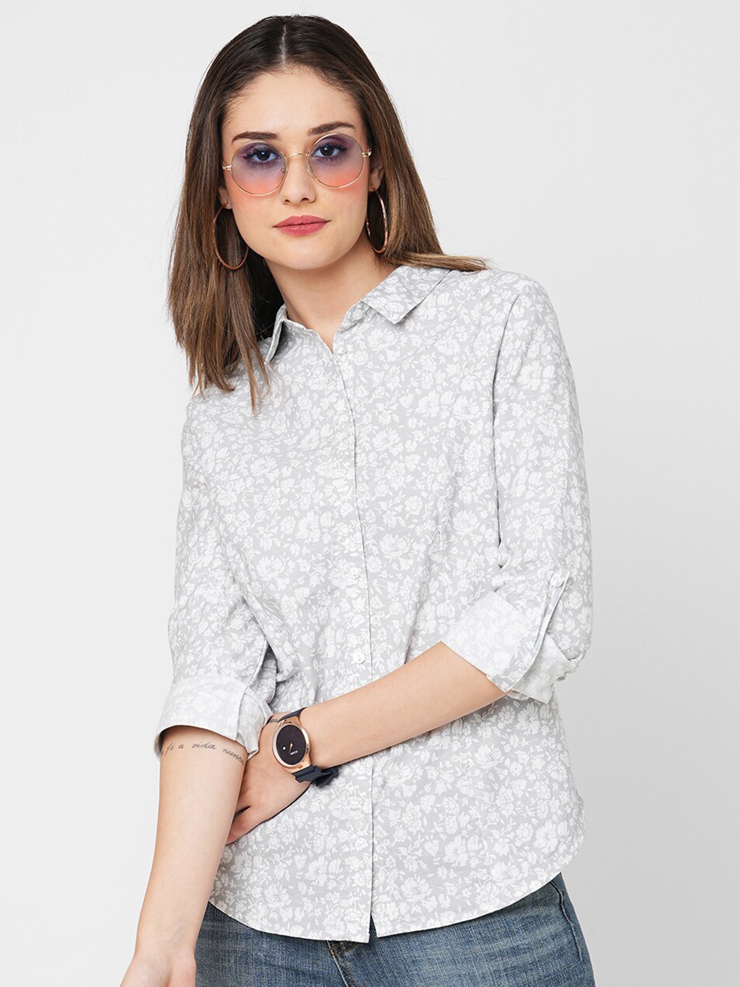 

VASTRADO Classic Floral Printed Roll-Up Sleeves Cotton Casual Shirt, Grey