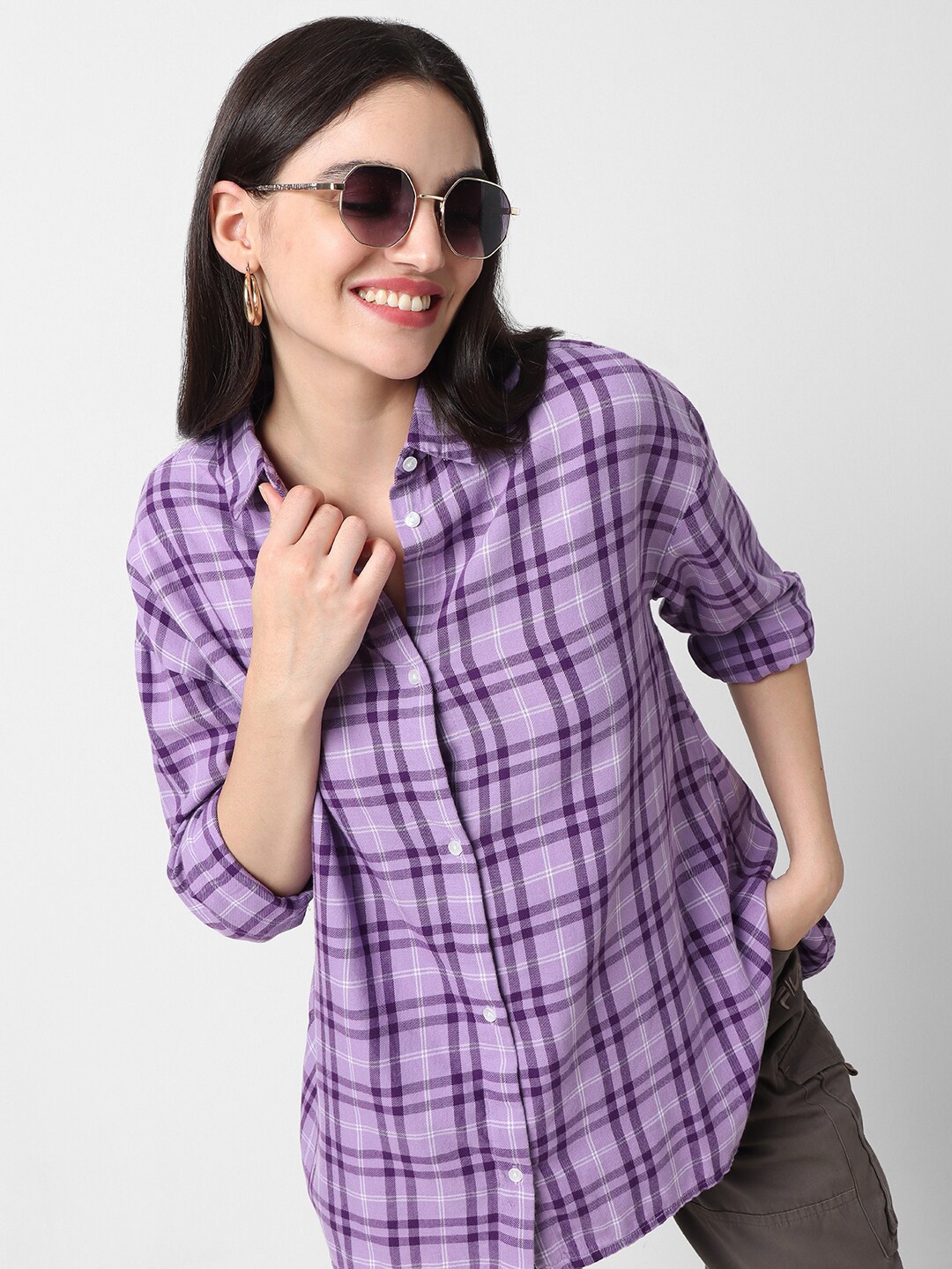 

VASTRADO Classic Tartan Checked Roll-Up Sleeves Cotton Casual Shirt, Purple