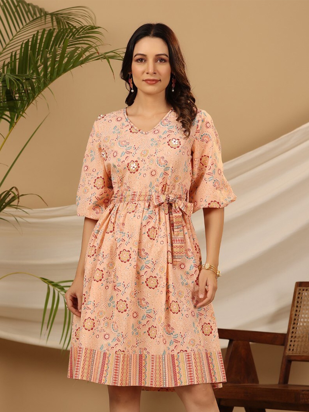 

Juniper Floral Printed V-Neck Puff Sleeve Cotton A-Line Dress, Peach