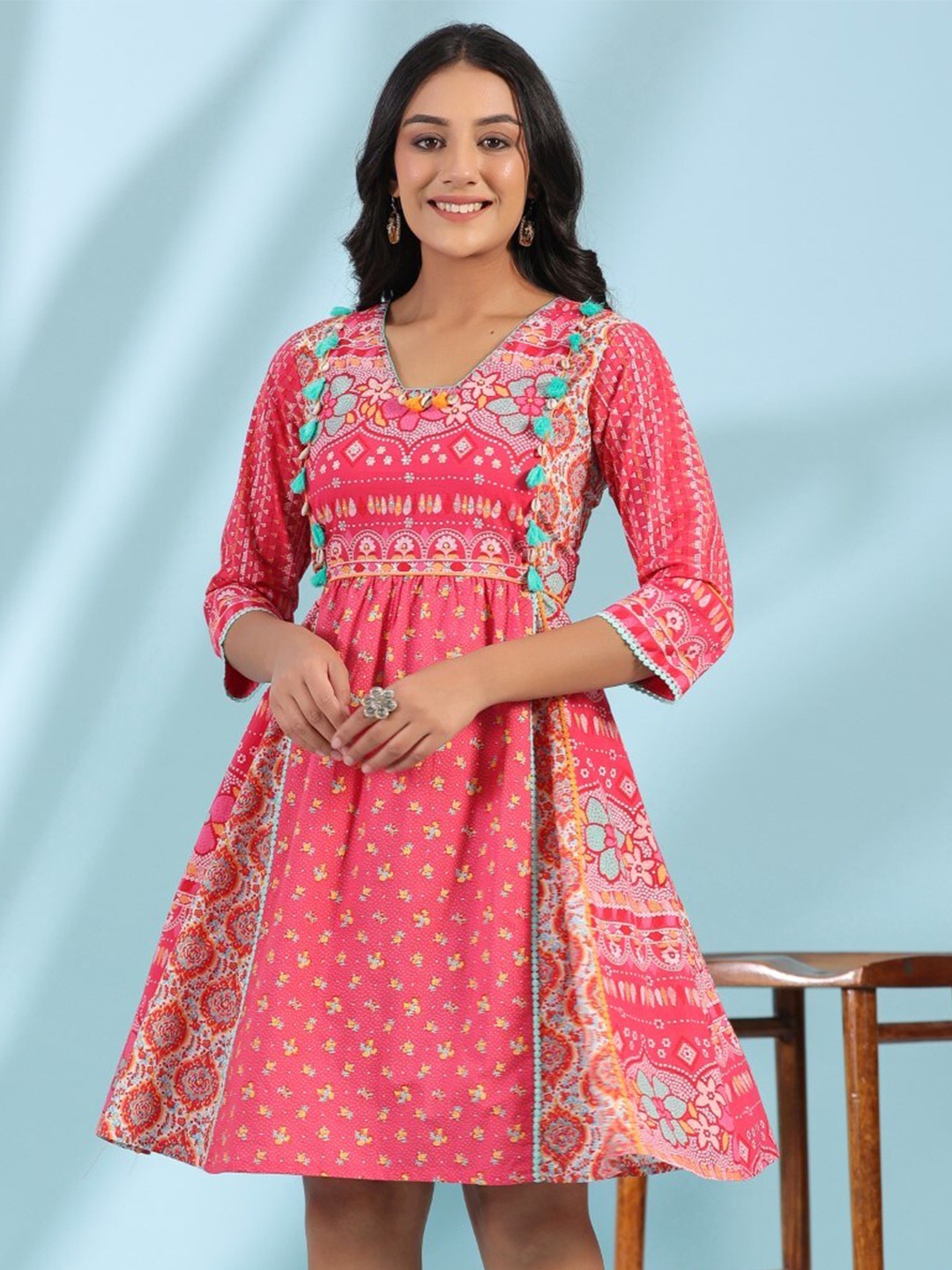 

Juniper Floral Printed V-Neck Cotton Fit & Flare Dress, Pink