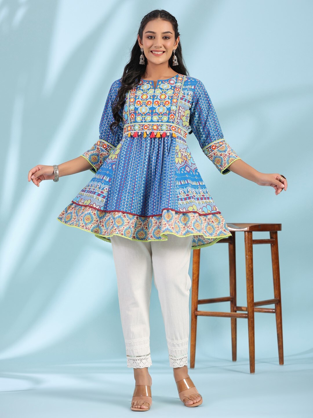 

Juniper Floral Printed Thread Work Tunic, Blue