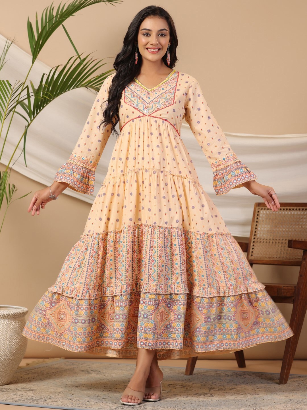 

Juniper Ethnic Motifs Printed Tiered A-Line Maxi Dress, Peach