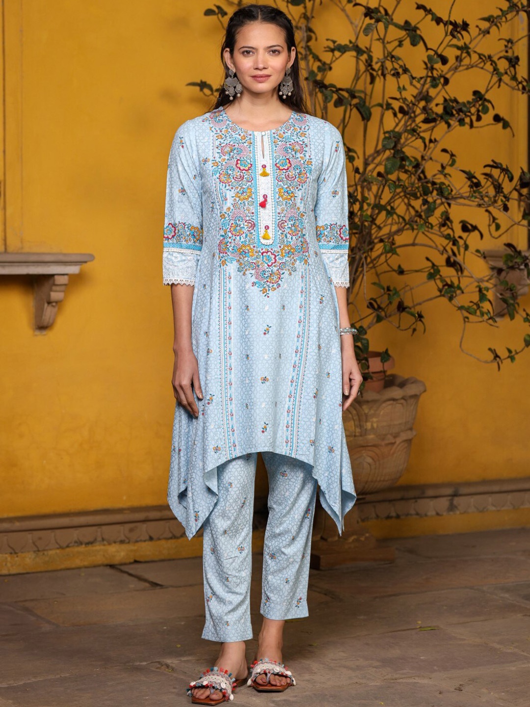 

Juniper Floral Printed Beads and Stones A-Line Kurta with Trousers, Blue