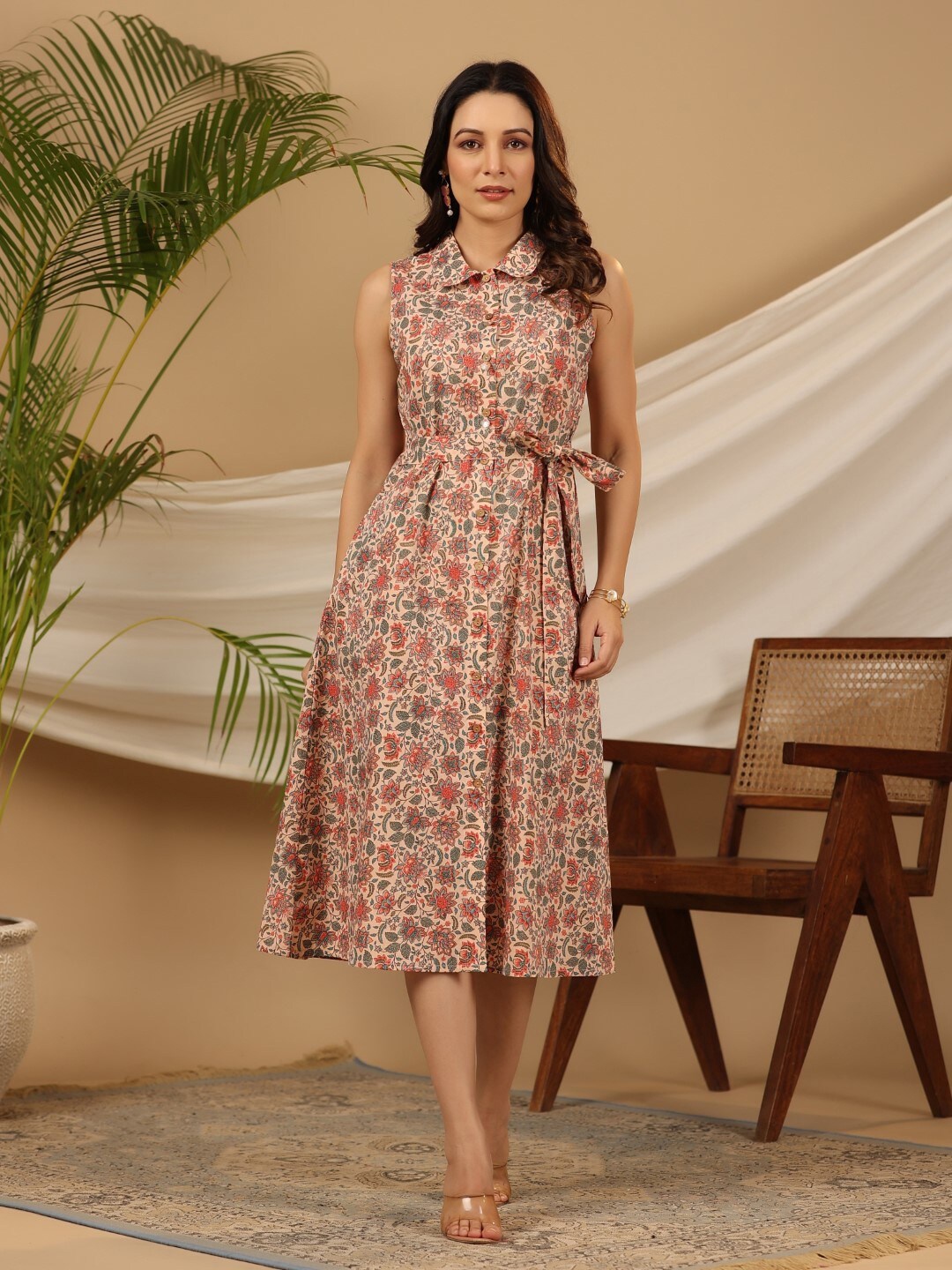 

Juniper Floral Printed Shirt Collar Cotton A-Line Dress, Peach