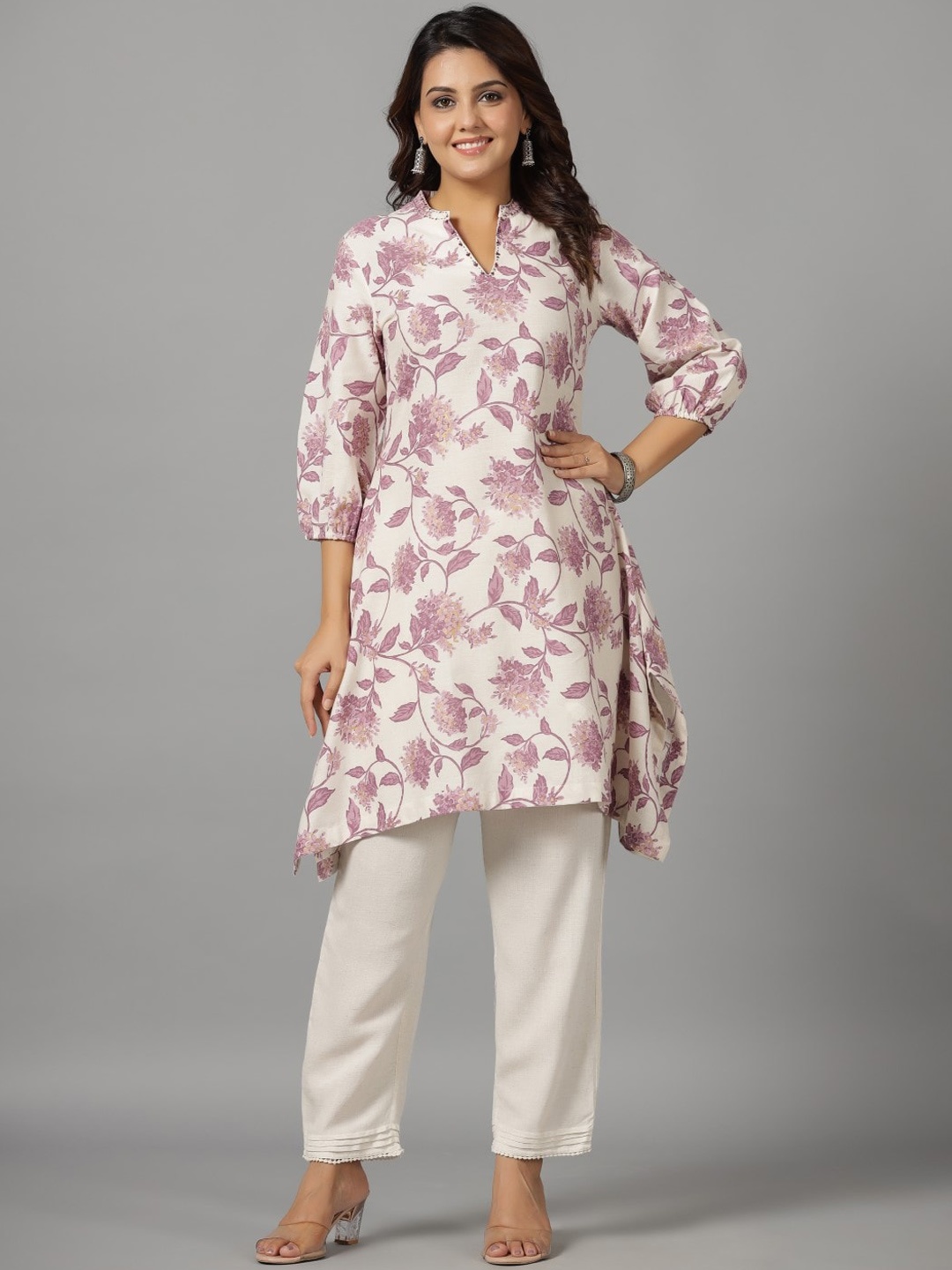 

Juniper Floral Printed Thread Work Detailed Cotton A-Line Kurta, Lavender