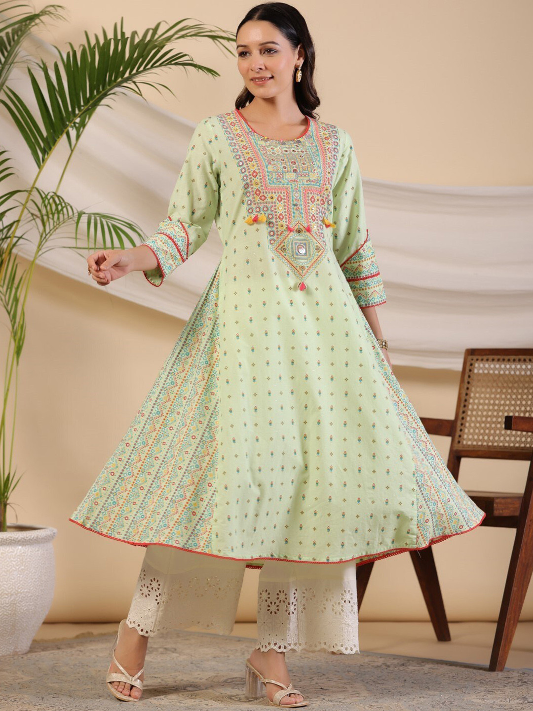 

Juniper Geometric Printed Thread Work A-Line Cotton Kurta, Lime green