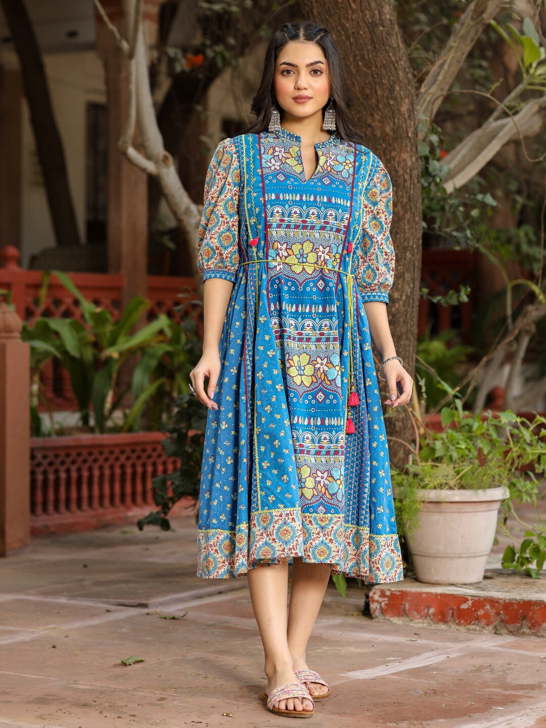 

Juniper Ethnic Motifs Printed Mandarin Collar Puff Sleeves Cotton A-Line Midi Dress, Blue