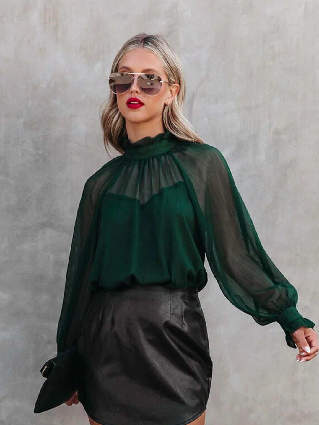 

StyleCast Green High Neck Puff Sleeve Semi Sheer Top