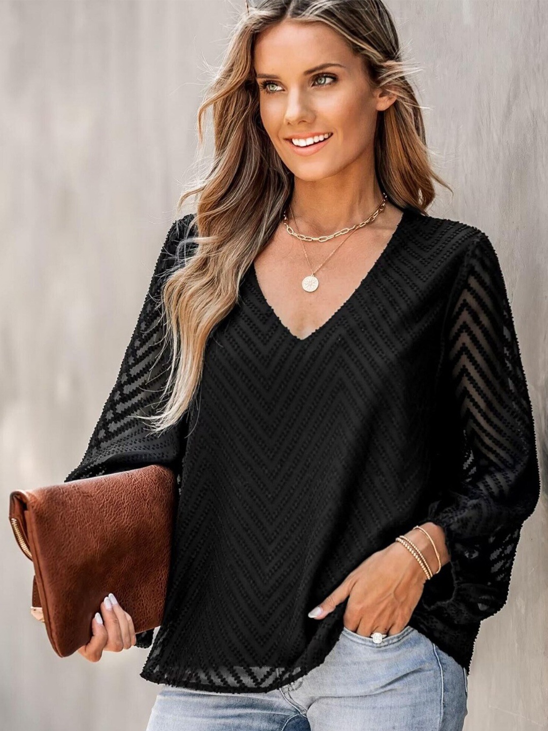 

StyleCast Black Geometric Self Design Flared Sleeves Top