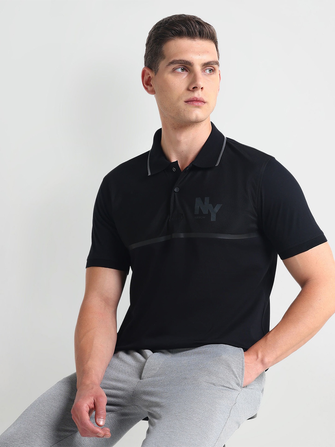 

Arrow New York Regular Fit Pure Cotton Polo Collar T-shirt, Black