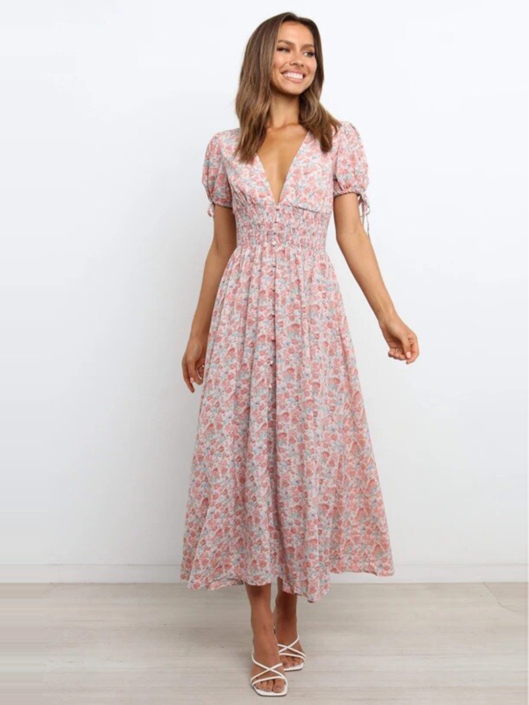 

StyleCast Pink Floral Printed V-Neck Puff Sleeve Smocked Fit & Flare Dress