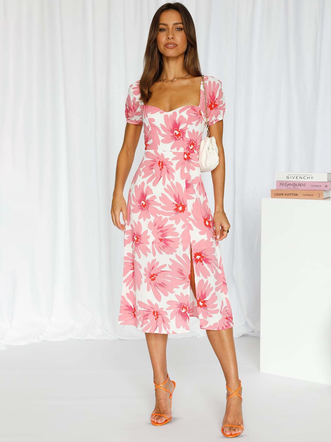 

StyleCast Pink Floral Printed Sweetheart Neck A-Line Midi Dress, White
