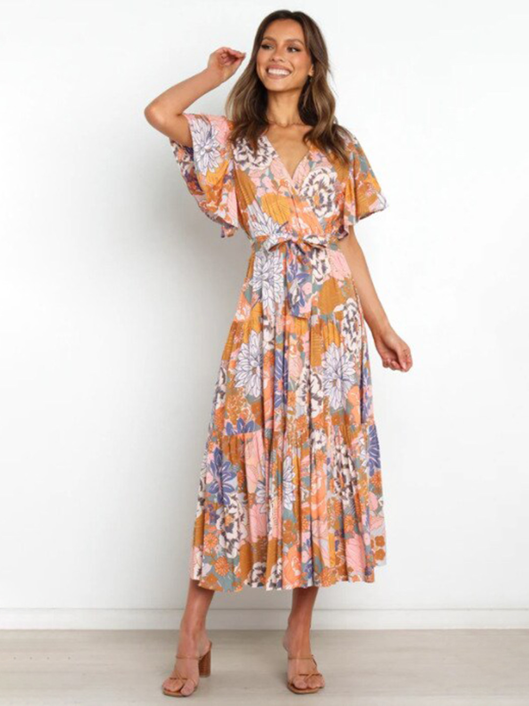 

StyleCast Mustard Floral Printed V-Neck Flared Sleeve Tiered Wrap Dress