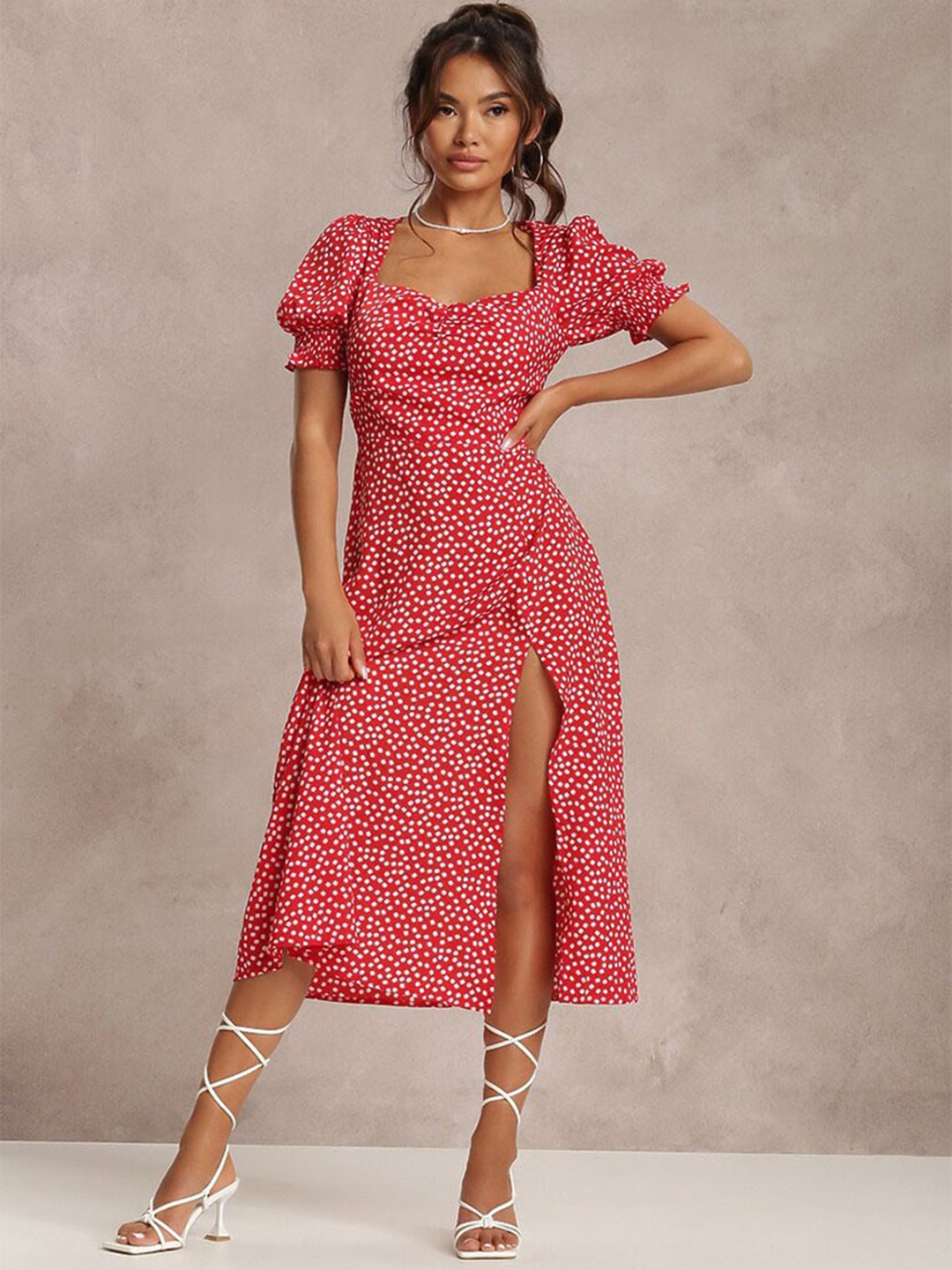 

StyleCast Red Polka Dots Printed Sweetheart Neck A-Line Midi Dress