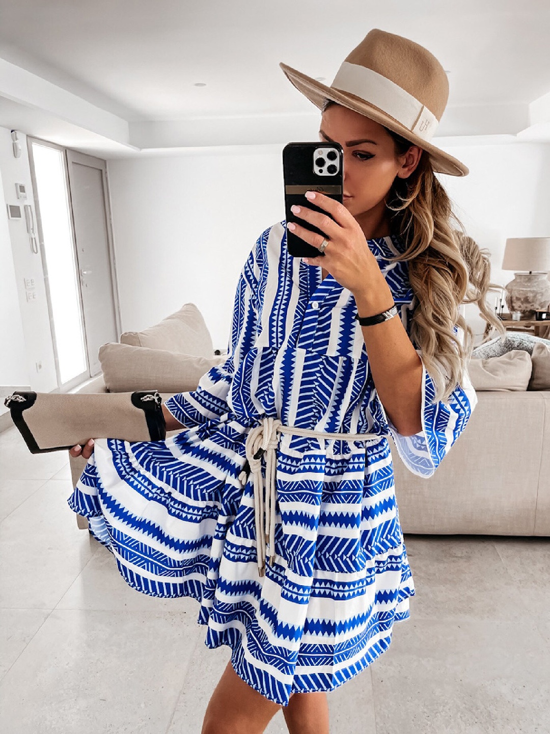 

StyleCast Blue Striped Mandarin Collar Bell Sleeves Tie-Ups Detail Fit and Flare Dress