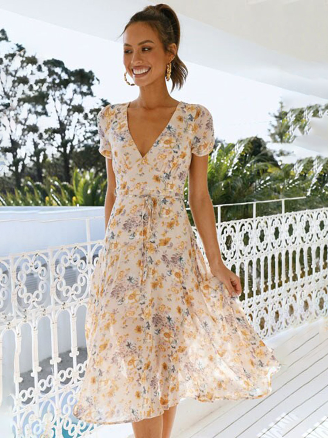 

StyleCast Off White Floral Printed V-Neck Tie Up A-Line Dress
