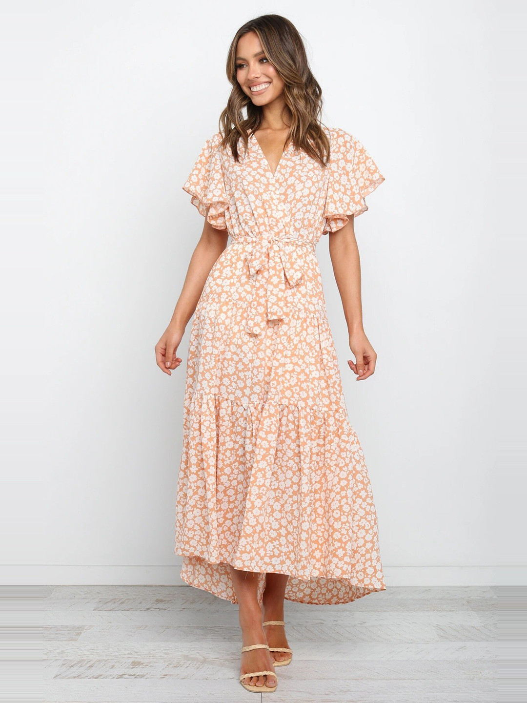 

StyleCast Orange Floral Print Flared Sleeve Tie Up Fit & Flare Midi Dress