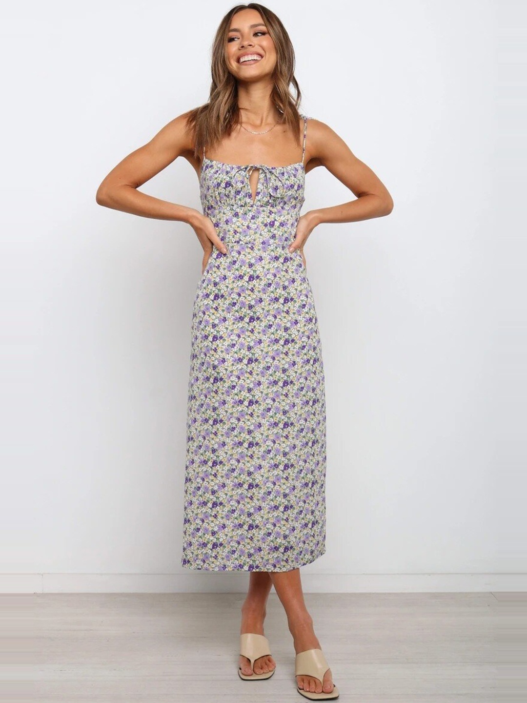 

StyleCast Purple Floral Printed Shoulder Strap A-Line Midi Dress