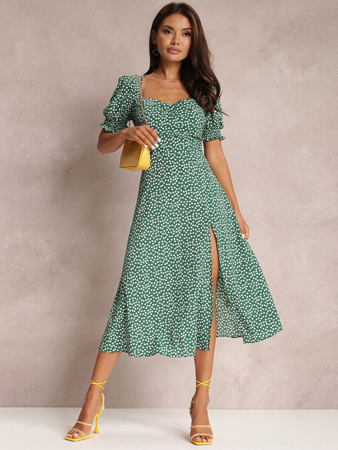 

StyleCast Green Floral Print Puff Sleeve Fit & Flare Midi Dress