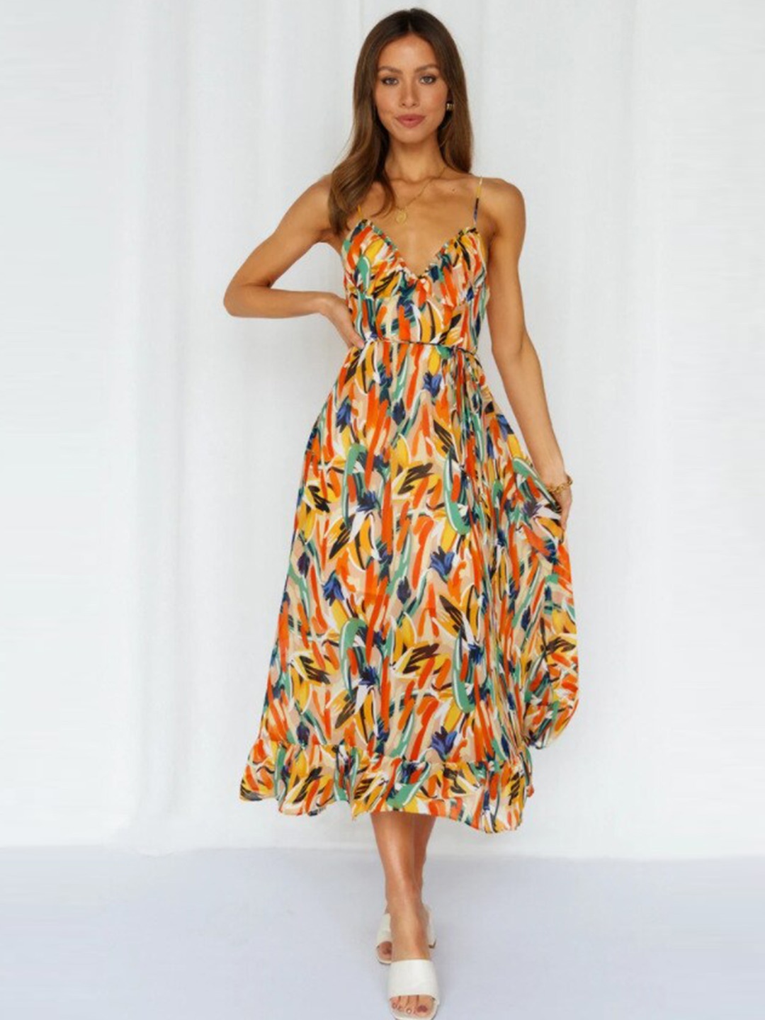 

StyleCast Yellow Abstract Printed Shoulder Straps Fit & Flare Dress