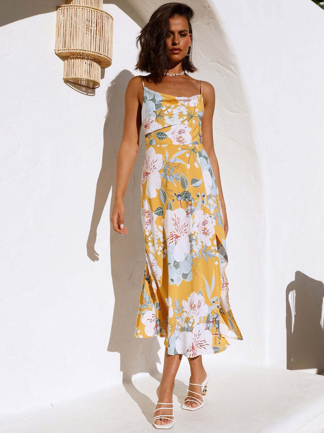 

StyleCast Mustard Yellow Floral Printed Shoulder Straps Cotton A-Line Midi Dress