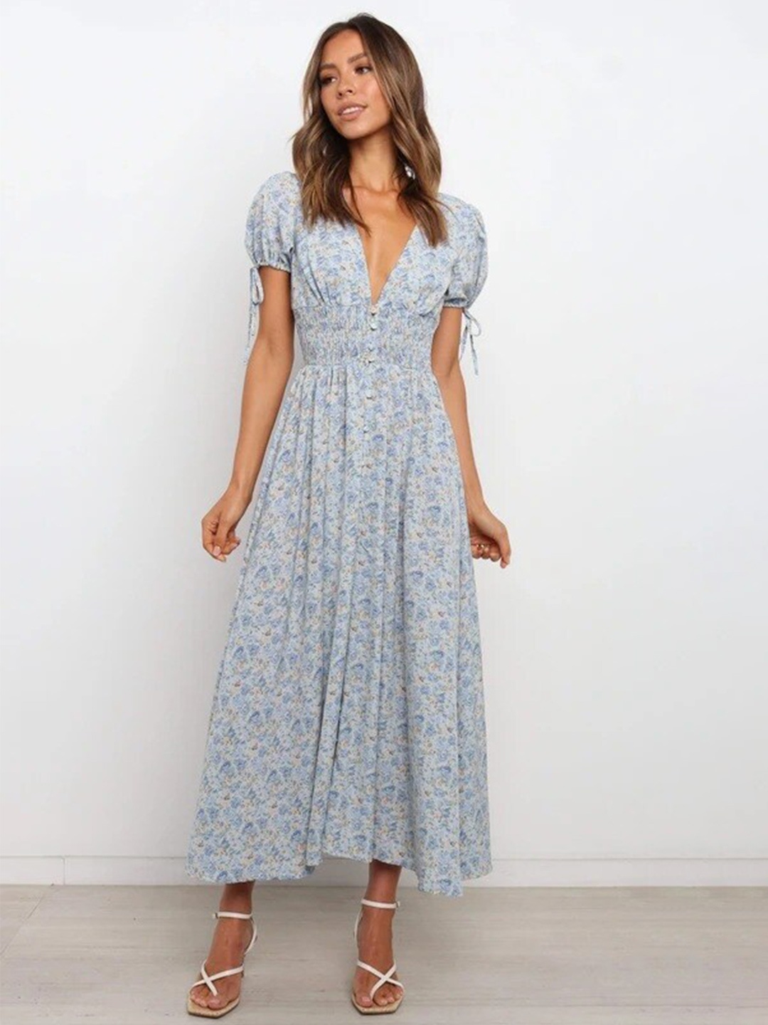 

StyleCast Blue Floral Printed Puff Sleeve Maxi Dress