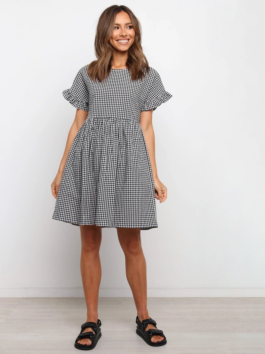

StyleCast Black & White Checked Flutter Sleeve Monochrome A-Line Dress