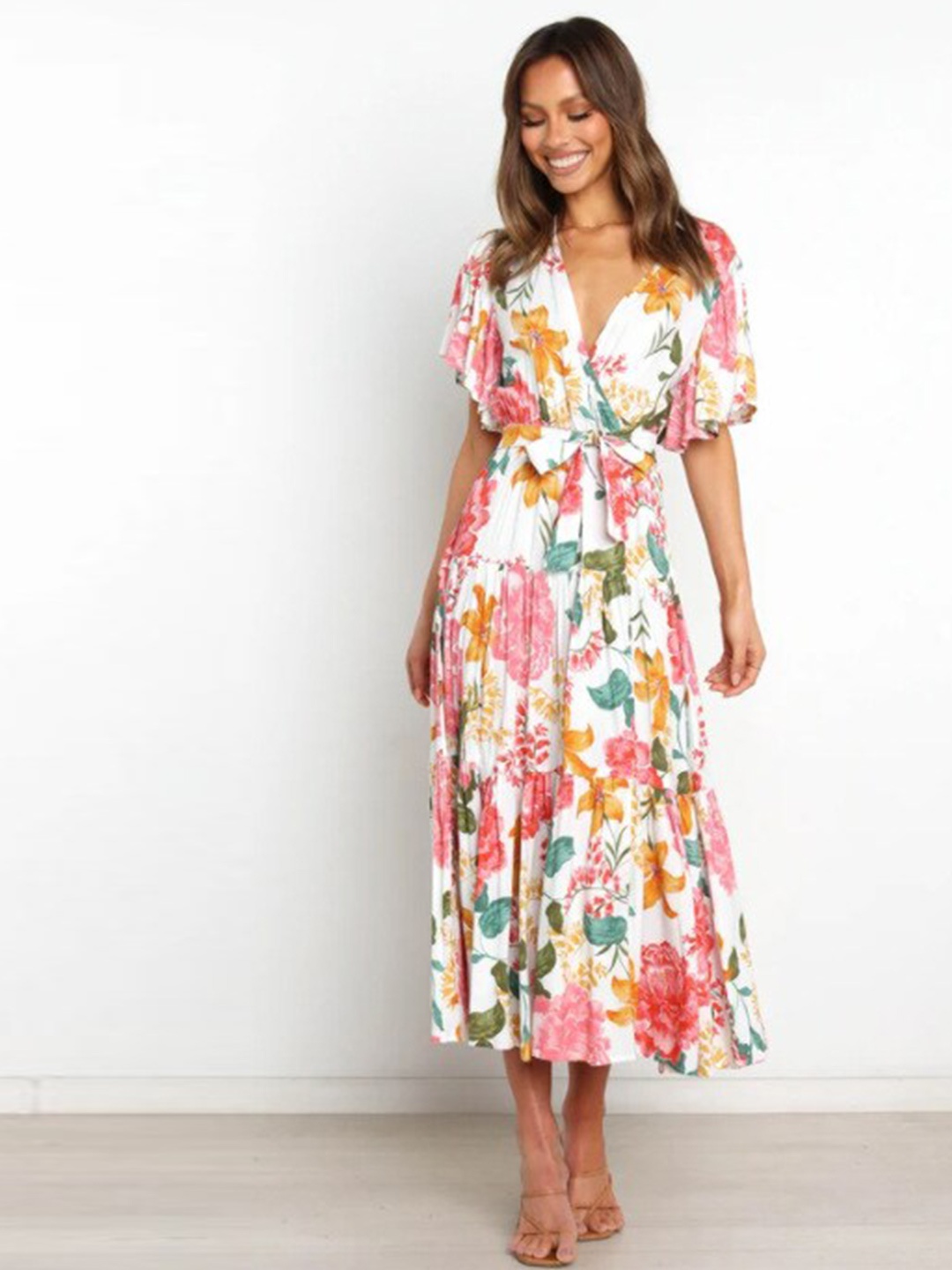 

StyleCast White Floral Print V-Neck Flutter Sleeve Fit & Flare Midi Dress