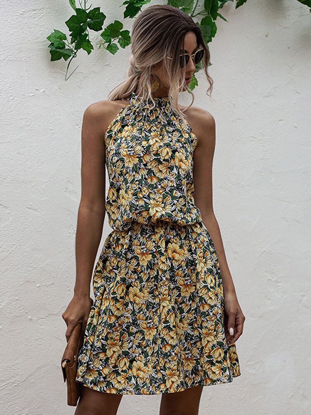 

StyleCast Yellow Floral Printed Halter Neck Fit & Flare Dress