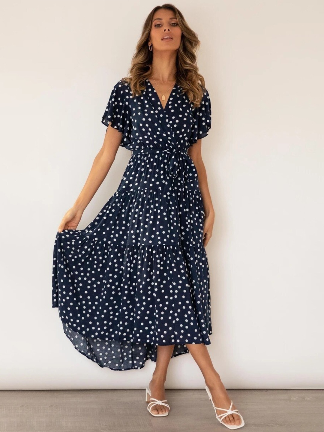 

StyleCast Navy Blue Polka Dots Printed V-Neck Flared Sleeve Tiered Cotton Wrap Dress