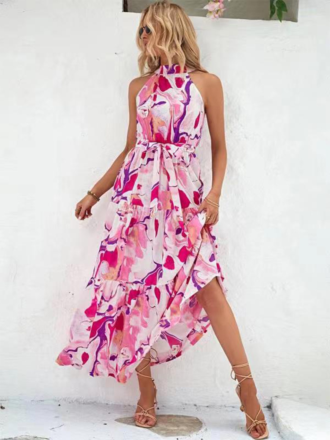 

StyleCast Pink Abstract Printed Halter Neck Sleeveless Tiered & Tie-Ups A-Line Midi Dress